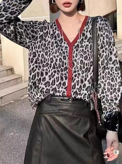 Knitted Sweaters for Long Sleeve Jumpers New Autumn Winter Leopard Loose Single Breasted Cardigan
