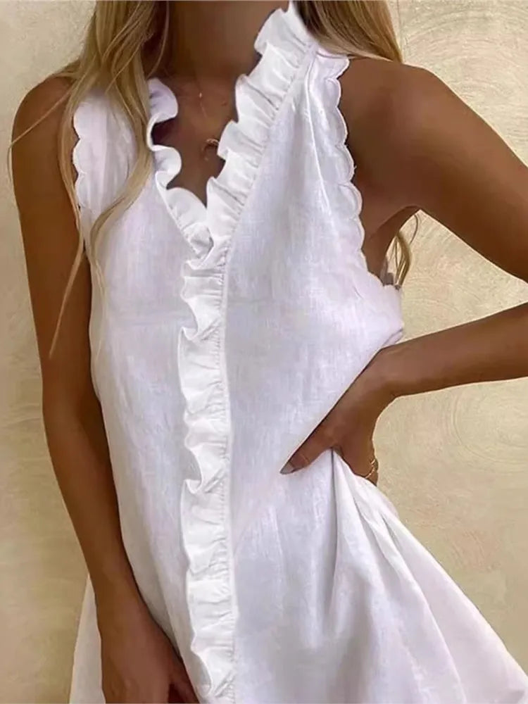 Cotton Linen Ruffle Sleeveless Mini Dress
