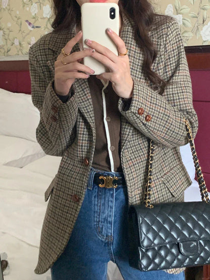 Wool Blends Coats Plaid Woolen Jacket Commute Blazer Korean Long Sleeve Outerwears Winter Overcoat