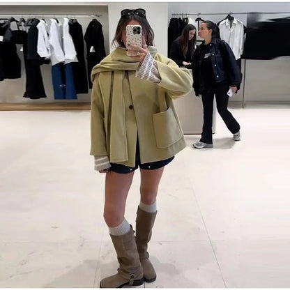 Woolen Scarf Collar Coat Single Breasted Thicken Warm Pocket Loose Jacket Winter Long Sleeve Outwear
