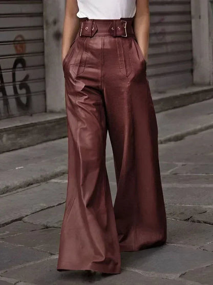 New Autumn Winter Faux Pu Pants Color Pleated Pockets High Waisted Wide Leg Trousers