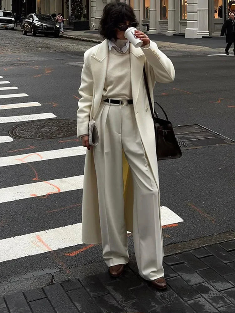 Oversize Lapel Extra Long Woolen Overcoat Double Breasted Cropped Overgarment Lady Commute