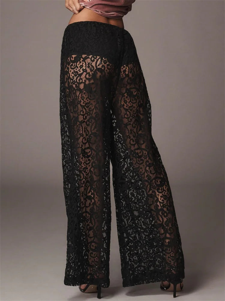 Lace Mesh See-through Black Wide Leg Pant