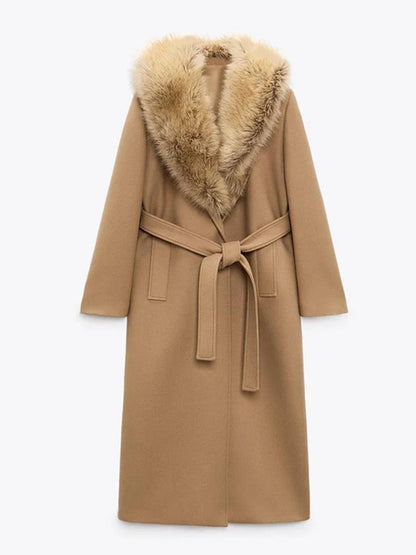 Faux Fur Patchwork Collar Woolen Belts Coat Button Up Pocket Thicken Warm Outwear Female Winter Jacket
