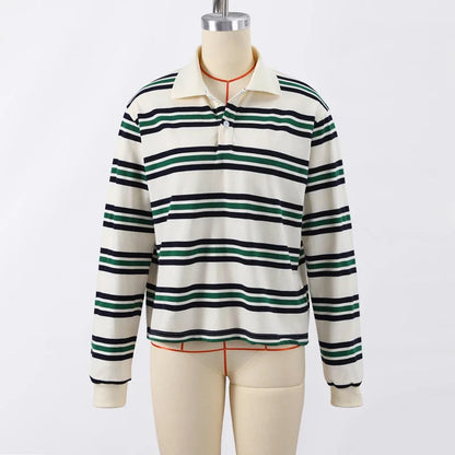 Stripe Basic T-shirt Long Sleeve Female All Match Polo Shirt Spring New Loose Tops High Street