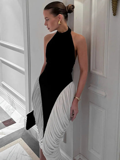 Patchwork Halter Backless Midi Dress