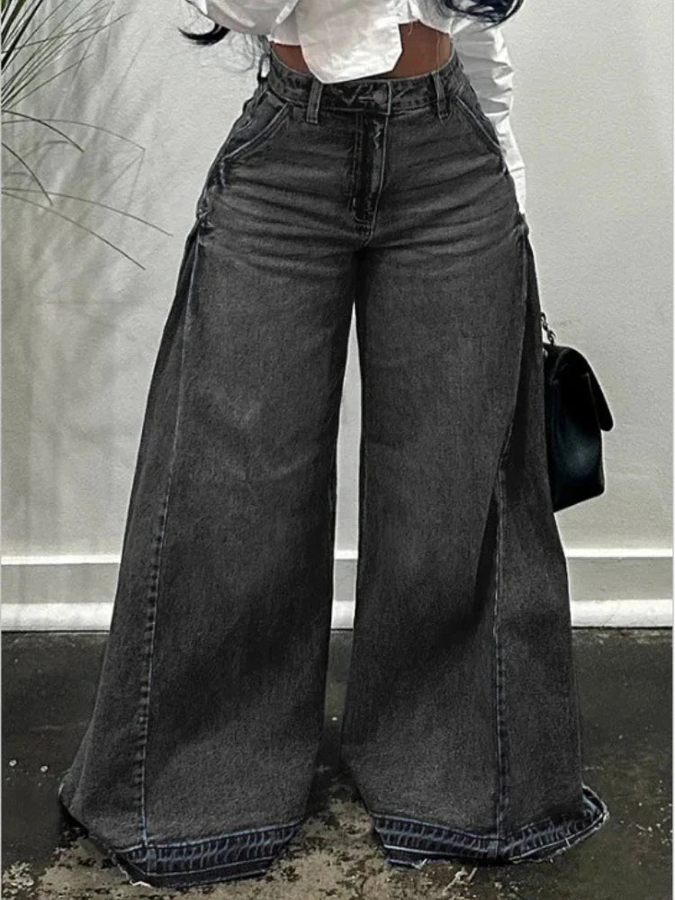 Blue Washed Flared Jeans Harajuku Y2k Oversized Wide Leg Spliced Tassel Denim Pants Baggy American Retro Trousers