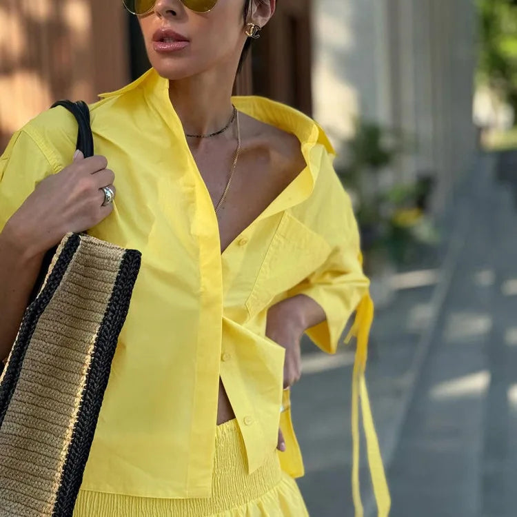 Pocket Blouse Two-piece Set Single Breasted Short Sleeve Blouse+elastic Waist Long Skirts Skirts Sets