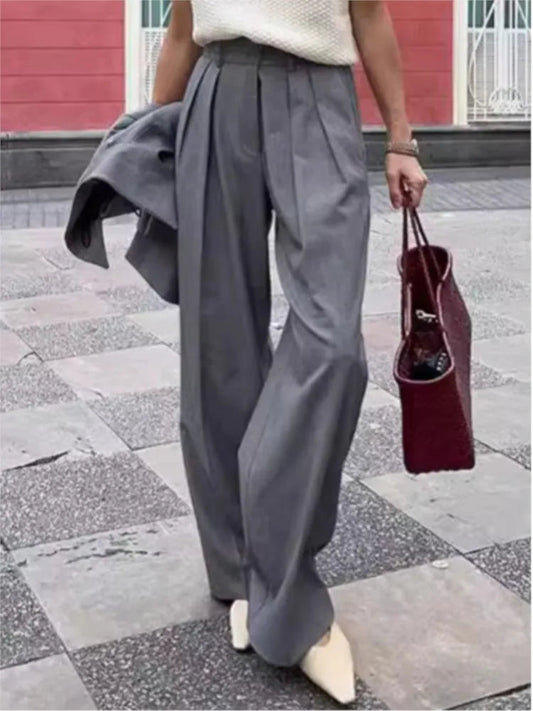 New Autumn Gray Straight Pant Cotton Blend Color High Wiast Loose Woman Trouser Simple Female Clothing New