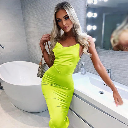 Summer Long Satin Backless Hollow Out Midi Dresses
