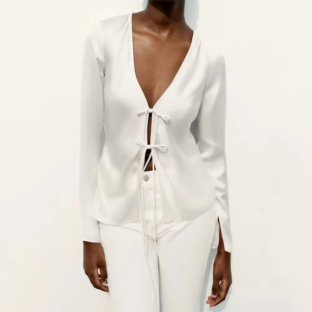 V-neck Tie Up Bow Silk Satin Blouse