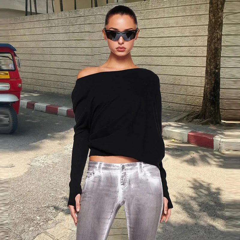 White Off-shoulder T-shirt Pollover for Loose Short Top Party Club T-shirt Hot Girl Autumn New Long Sleeve