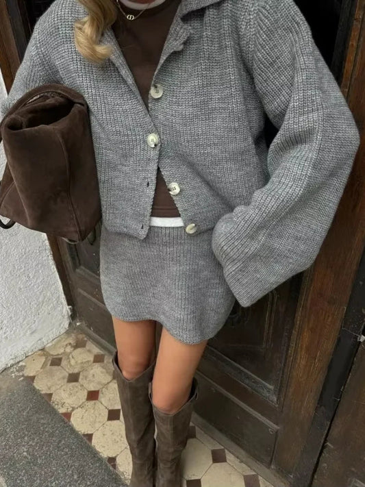 Knitted Skirts 2 Piece Set Lapel Flare Button Knitted Cardigan Top Mini Skirt Autumn Lady All-matching Outfit
