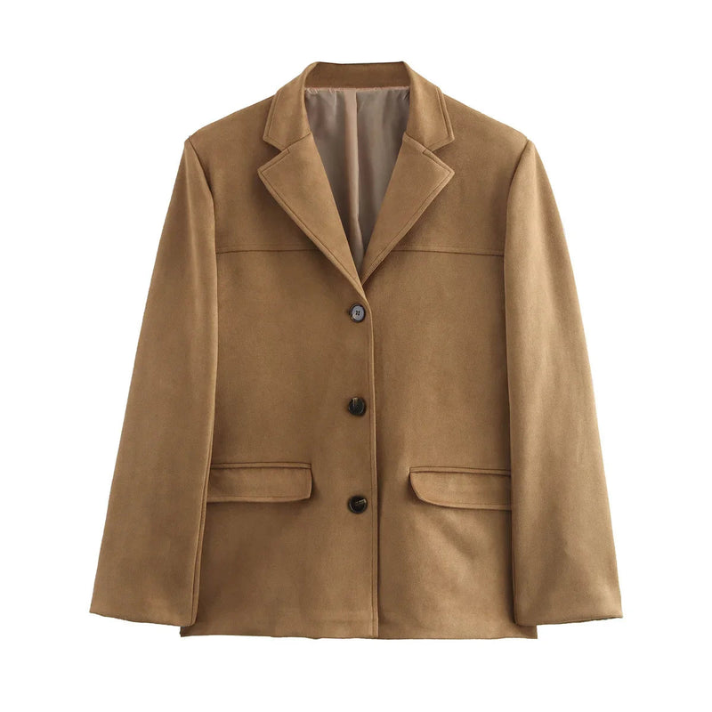Autumn and Winter Suede Single-breasted Blazer Female High Street Lapel Long Sleeve Coat Mujer