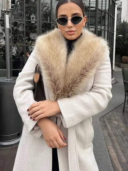 Faux Fur Patchwork Collar Woolen Belts Coat Button Up Pocket Thicken Warm Outwear Female Winter Jacket