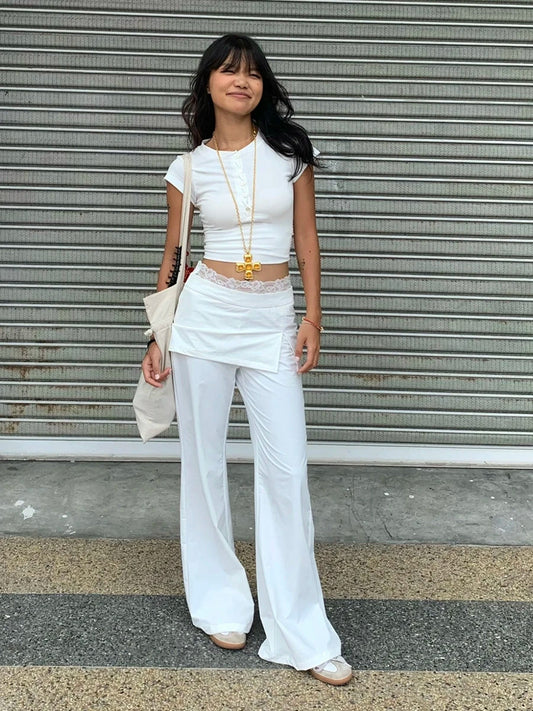 Lace Patch Strap Bootcut Pants White