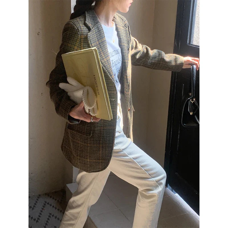 Wool Blends Coats Plaid Woolen Jacket Commute Blazer Korean Long Sleeve Outerwears Winter Overcoat
