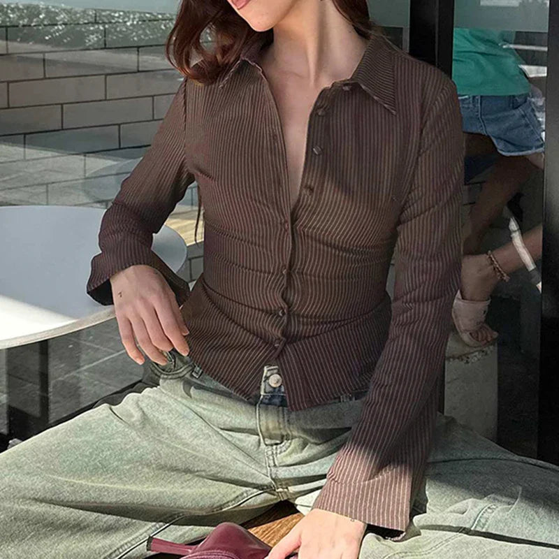 Brown Striped Blouse High Street Fitted Tee Shirt 2000s Button Top Fall Outfits