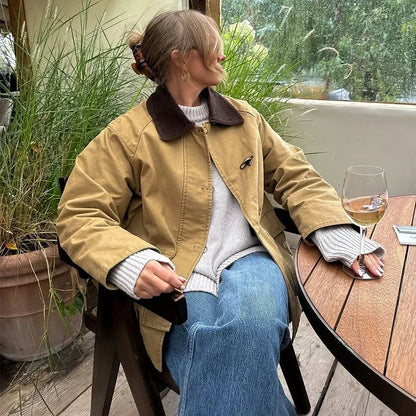 Patchwork Contrast Jacket Single Breasted Lapel Female Jackets Autumn Winter Locomotive Lady Outwear