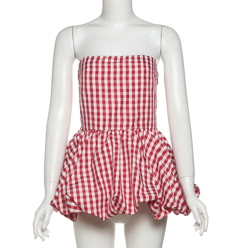 Spring Summer Plaid Tops for Strapless Off Shoulder Backless Ruched Red T-shirt Sleeveless Tees Top