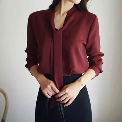 Long Sleeve Bow Tie V-neck Chiffon Blouse