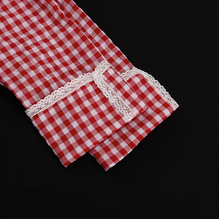 Red Plaid Wide Leg Pants Sets Long Sleeve Lace-up Blouse+elastic Waist Trouser Lace Trim 2 Piece Set New