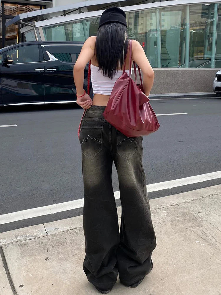 Jeans Harajuku Cargo Pants Y2k Denim Distressed Straight Wide Leg Trousers Female Korean