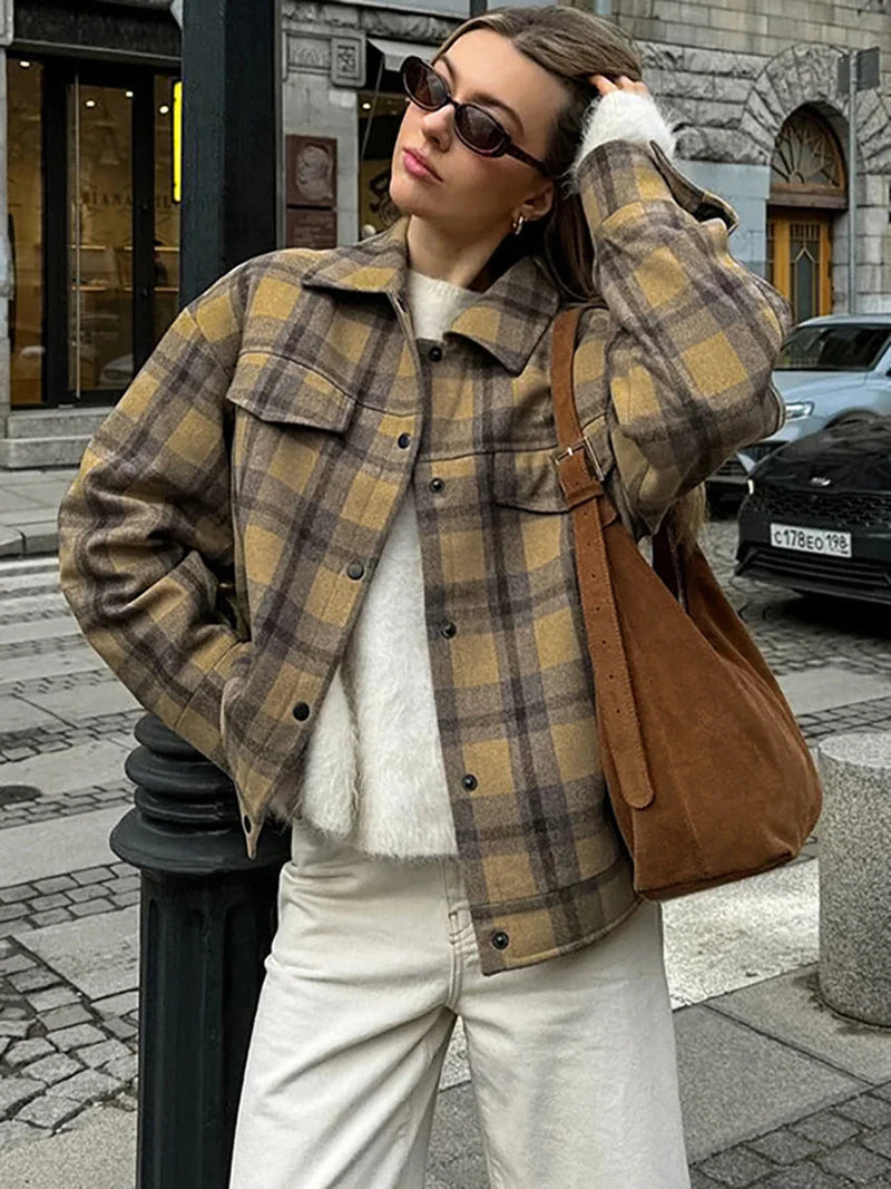 New Plaid Contrast Jacket Autumn Winter Single Breasted Long Sleeve Outerwear Female Coat
