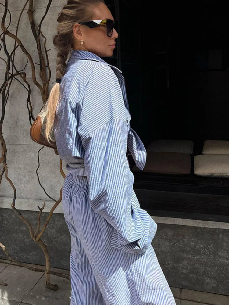 Contrast Color Shirt Pants Suit 2-piece Summer Striped Patchwork Suit 2-piece Pants Suit