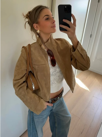 Stand Collar Suede Leather Jacket Coat Zipper Retro Long Sleeved Biker Jackets Loose Front Shoulder Short Outwear