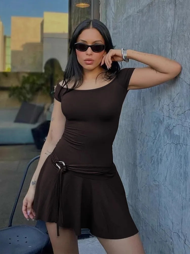 European and American Style Off the Shoulder Dress, Summer Elastic One Line Neck Slim Fitting Lace Up Pleated Skirt