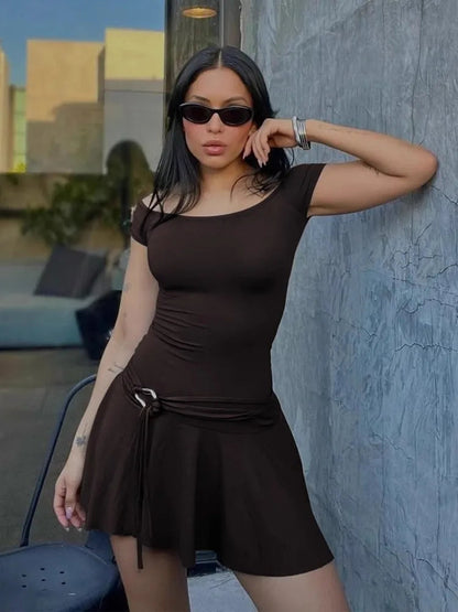 European and American Style Off the Shoulder Dress, Summer Elastic One Line Neck Slim Fitting Lace Up Pleated Skirt