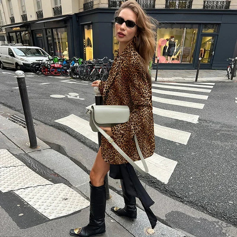 Leopard Print Woman Blazer Jacket Lapel Single Breasted Pockets Long Sleeve Coat Lady Fall Office Outerwear