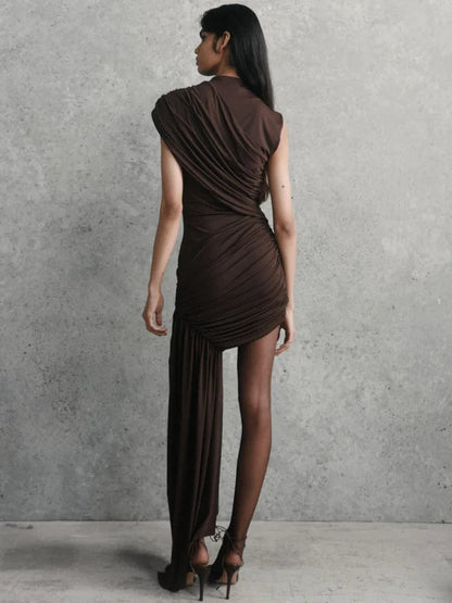 Draped Ruched Turtleneck Pleated Mini Dress