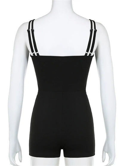 Summer Black Contrast Stitching Fitness Romper for Woman Sleeveless Backless Skinny Playsuit Street Workout Overalls
