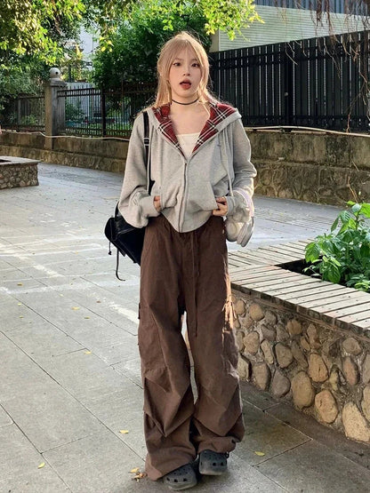 Tavimart - Plaid Patchwork Hoodies Gray 90s Retro Sweatshirt With Zipper Oversized Autumn Winter Clothes