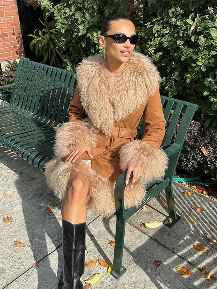 Suede and Fur Coat Plush Double Breasted Turn-down Collar Belts Thick Outerwear Warm Feather Overcoat