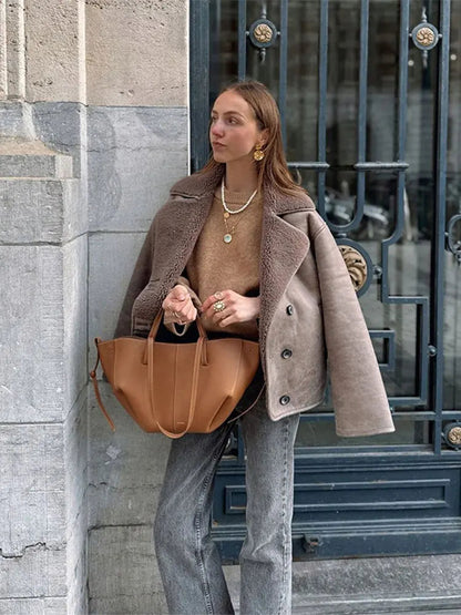 Lapel Lamb Wool Splicing Suede Jacket Single Breasted Long Sleeve Thicken Warm Coat Lady