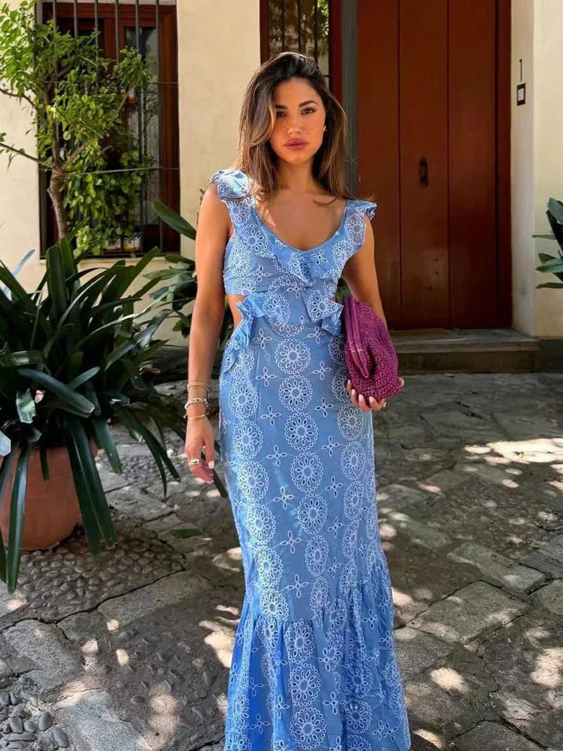 Blue Hollow Out Embroidered Midi Dress Summer New V Neck Sleeveless Ruffle Long Dresses Holiday Vestidos