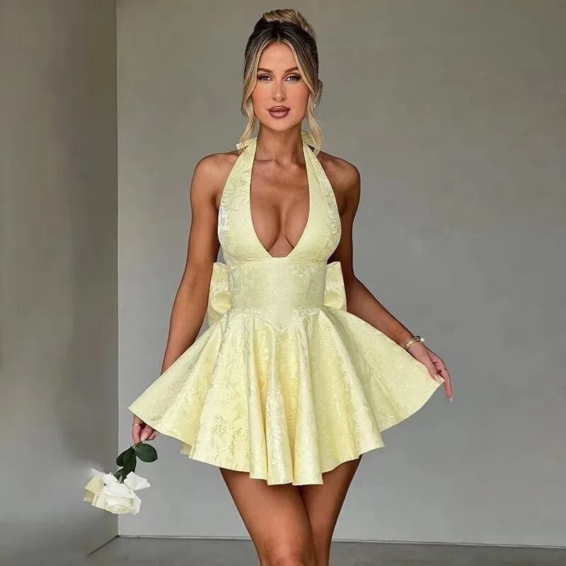 Bow Backless Jacquard a Line Mini Dress