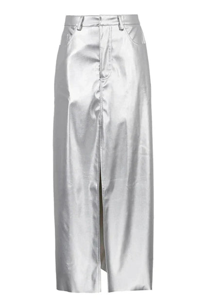 Silver High Waist Pencil Maxi Skirt