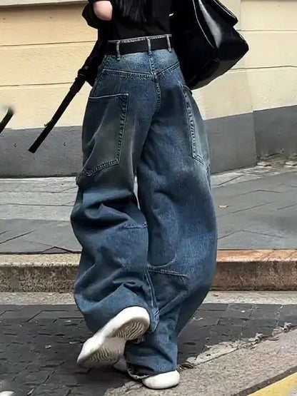 Fashionable High Street Straight Loose Jeans Simple Pocket Loose Wide-leg Jeans Harajuku Style Hip Hop Y2k Pants Baggy Pants