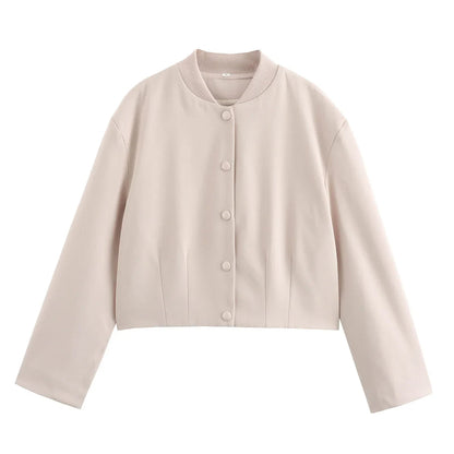 Woman Bomber Jacket White Autumn Winter Cropped Jackets for Long Sleeve With Buttons Lady Outwear