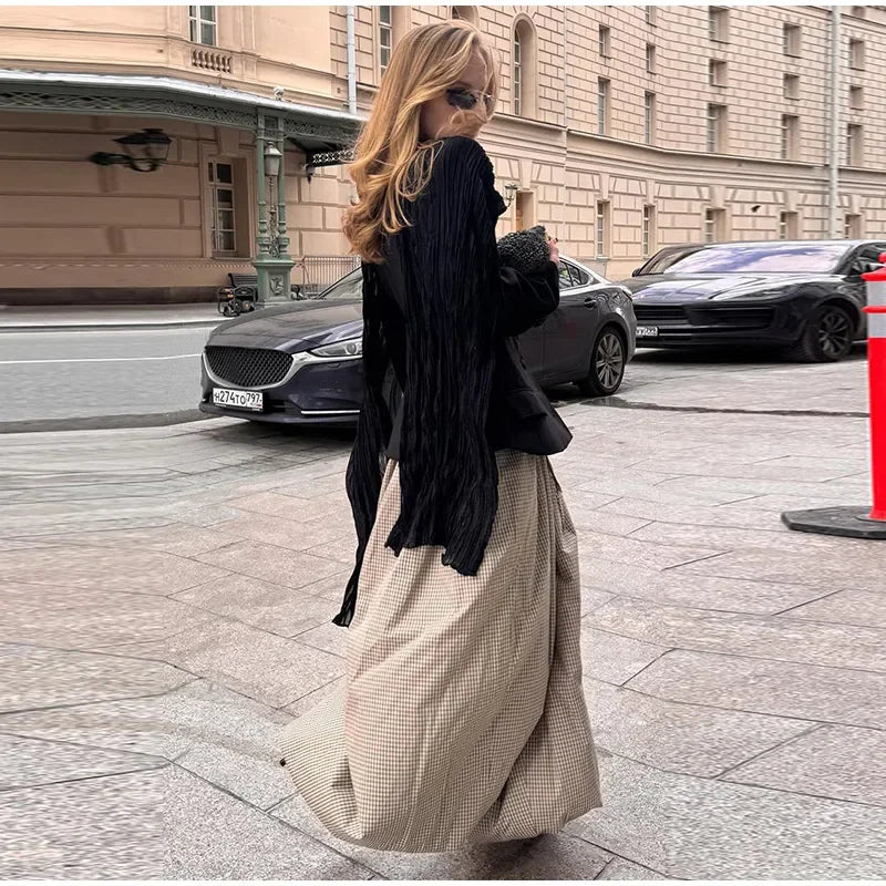 Autumn Print Trousers Elastic Waist Foot Binding Dropped Pants Wide Leg Pleated Lady Patchwork New