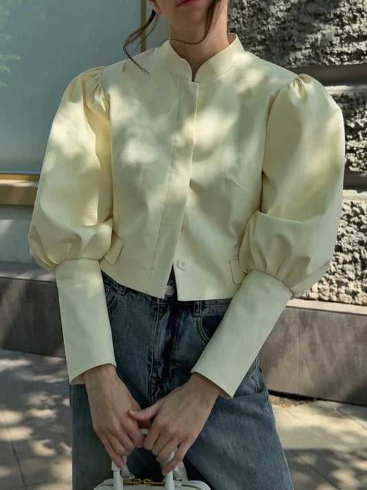 Retro Stand Collar Short Shirt Single Breasted Puffy Sleeve Shirts Coat Lady Versatile