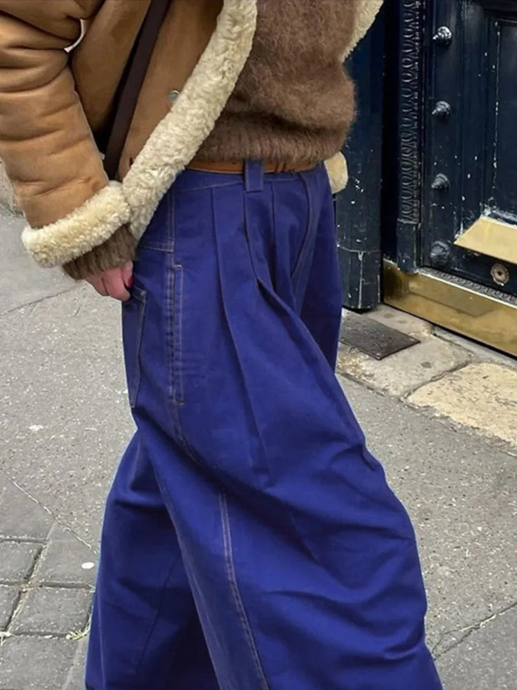 Wide Leg Pleated Pants for Loose High Waist Straight Striped Blue Street Pants Female Spring Street Trousers