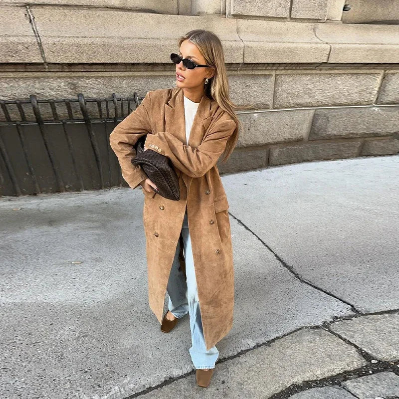 Long Long Sleeve Turn-down Collar Double Breasted Female Coat Autumn Lady Jacket New