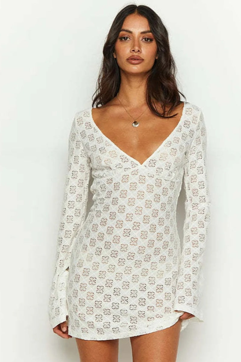 White Printed Low-cut Back Mini Dress
