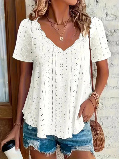 Eyelet V-neck T-shirt