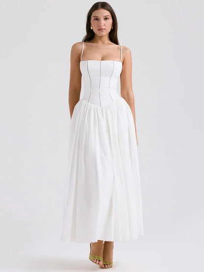 White Spaghetti Strap Backless Midi Dress